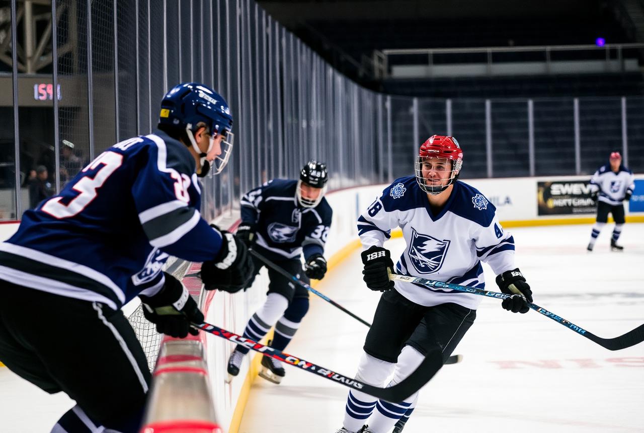 Adult players battling for the puck along the boards