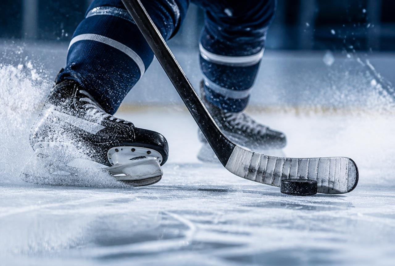 Adult players battling for the puck along the boards