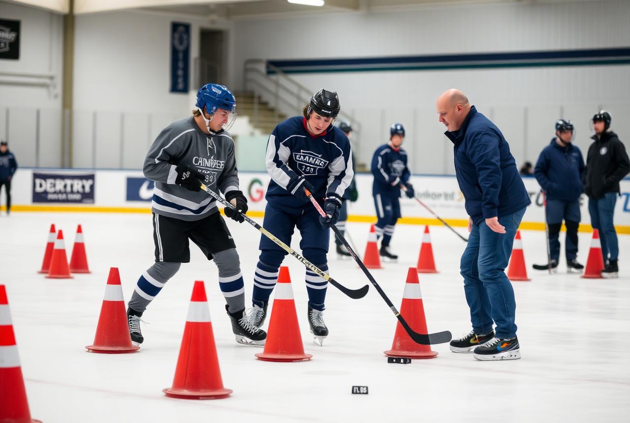 Coach instructing players at a cone station during a hockey clinic