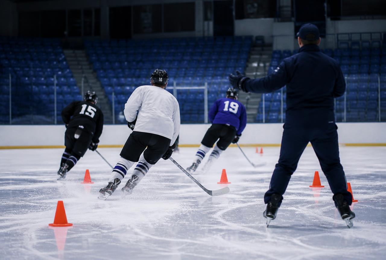 Coach instructing players at a cone station during a hockey clinic