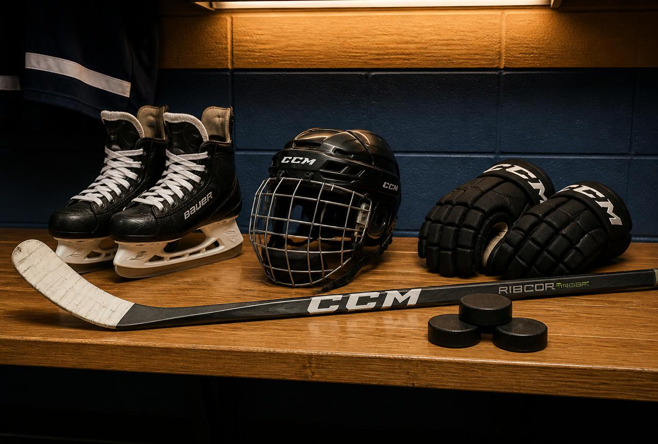 Hockey skates, stick tape and helmet on a locker room bench