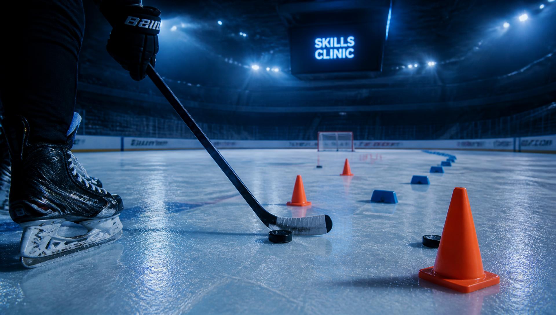 Adult hockey players skating during a night session at the rink